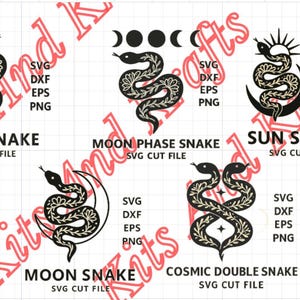May include: A collection of black snake designs with floral patterns, each paired with celestial elements like stars, moons, and suns. Text includes "Star Snake", "Moon Phase Snake", "Sun Snake", "Moon Snake", and "Cosmic Double Snake".