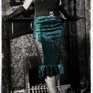 Creepy Bespoke Gothic Witch / Vampire Stretch Pencil Skirt by House of Goth. Green Velvet & Black Spider Web Lace.