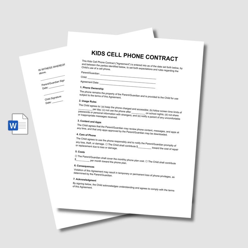 Kids Cell Phone Contract, Printable Cell Phone Teens and Kids, Editable ...
