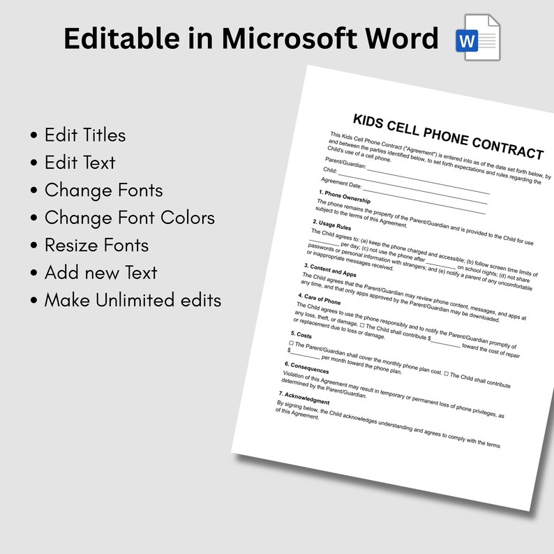 Kids Cell Phone Contract, Printable Cell Phone Teens and Kids, Editable ...