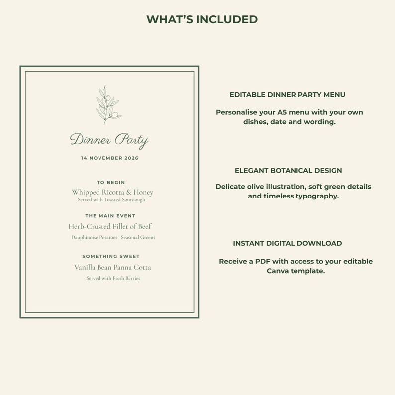Editable Dinner Party Menu Template, Botanical Olive Branch Menu ...