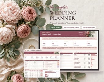 May include: A digital wedding planner displayed on a laptop and a smaller screen, featuring the text The Complete Wedding Planner, Setup Wizard, Excel + Google Sheets, and Instant Download, surrounded by pink peonies and eucalyptus leaves.
