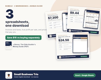 Pacchetto di fogli di calcolo per piccole imprese, strumento per la gestione di fatture e tasse per freelance, strumento per il monitoraggio dei profitti dei venditori Etsy, calcolatore dei prezzi, fogli di calcolo Excel e Google Sheets.
