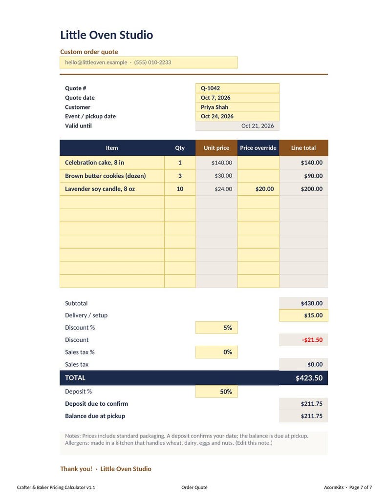 May include: A custom order quote document from Little Oven Studio for Priya Shah, dated October 7, 2026. The document lists items including an 8 in celebration cake, three dozen brown butter cookies, and ten 8 oz lavender soy candles with pricing.
