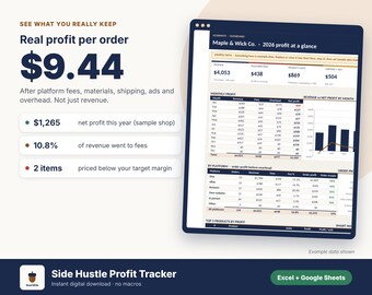 Foglio di calcolo per il monitoraggio dei profitti dei venditori Etsy, calcolatore delle commissioni di eBay e Amazon, strumento per il monitoraggio delle vendite e delle spese di attività secondarie, modello Excel e Fogli Google.