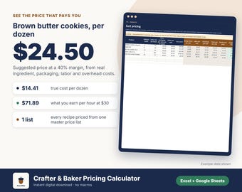 Foglio di calcolo per il calcolo dei prezzi di artigiani e panettieri, prezzi per panetteria, modello per la determinazione dei prezzi di prodotti artigianali, costo delle ricette, listino prezzi degli ingredienti, Excel