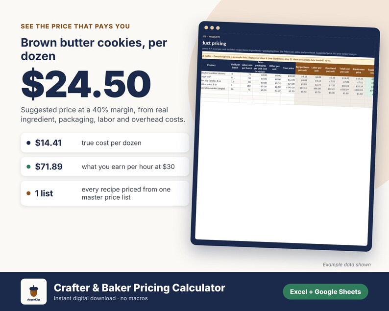 May include: A digital Crafter & Baker Pricing Calculator for Excel and Google Sheets. The interface displays a product pricing spreadsheet, a list of costs for brown butter cookies, and data points including true cost per dozen and hourly earnings.