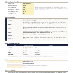 May include: A digital document titled Crafter & Baker Pricing Calculator by AcornKits. The page includes sections for settings, instructions, data clearing, a color key, and a license disclaimer, featuring tables with yellow, white, and beige cells.