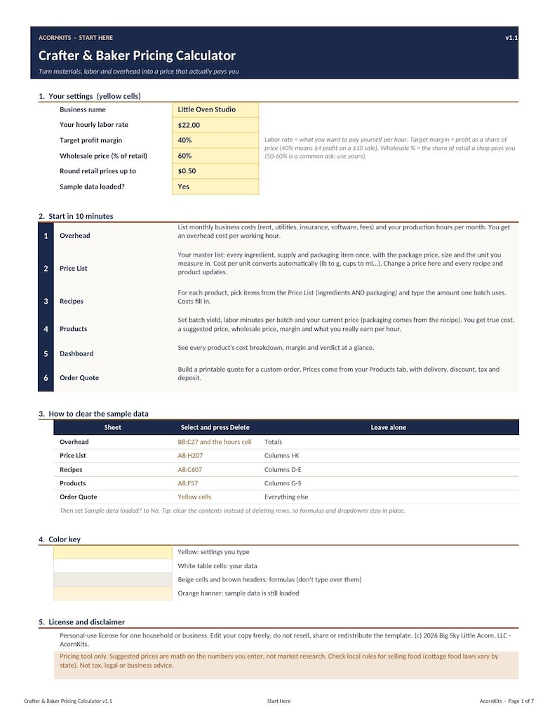 May include: A digital document titled Crafter & Baker Pricing Calculator by AcornKits. The page includes sections for settings, instructions, data clearing, a color key, and a license disclaimer, featuring tables with yellow, white, and beige cells.