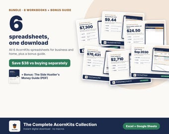 May include: A digital bundle featuring 6 AcornKits spreadsheets for business and home, including a bonus PDF guide. The graphic displays text such as 6 spreadsheets, one download, and various financial data points on white cards with dark blue accents.