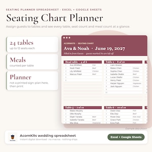 Könnte beinhalten: Eine digitale Sitzplan-Tabellenkalkulation für Excel und Google Sheets. Die Benutzeroberfläche zeigt Tische, Gästenamen und Menüwahlen für Ava & Noah am 19. Juni 2027. Enthält 24 Tische mit bis zu 12 Plätzen und eine Zählung der Mahlzeiten.