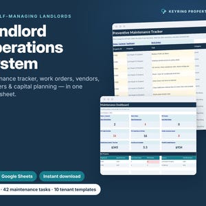 May include: A digital Landlord Operations System spreadsheet for self-managing landlords. The interface displays a Preventive Maintenance Tracker and a Maintenance Dashboard with data tables, work order summaries, and property management metrics.