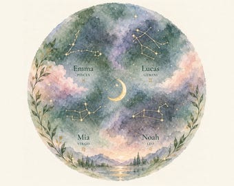 Personalized Family Zodiac Print, Custom Constellation Art, 1–6 Names, Watercolor Sky, 8x10 Digital Gift