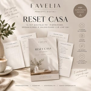 Może przedstawiać: Cyfrowy skoroszyt do organizacji domu zatytułowany RESET CASA od FAVELIA, zawierający strony do druku z inwentarzem, rejestrami sprzedaży i planowaniem tygodniowym. Zestaw zawiera jedenaście stron do porządkowania i zarządzania.