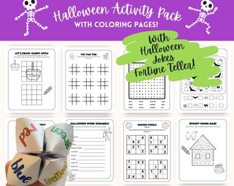 Può includere: Un pacchetto di attività di Halloween stampabile con pagine da colorare. Il pacchetto include un'attività di disegno di una mela caramellata, un gioco del tris, un gioco di parole, un Sudoku, un labirinto di casa stregata e una ricerca di parole con il titolo "Con barzellette di Halloween indovina la fortuna!"