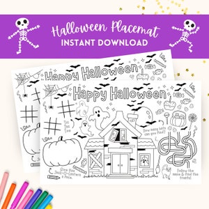Halloween Coloring Page Placemat for Kids, Halloween Party Activity Sheet, Halloween Printable Games Instant Download