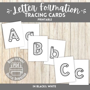 Schede di tracciamento della formazione delle lettere dell'alfabeto per la prima educazione, in bianco e nero, PDF stampabile con download istantaneo