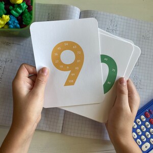 May include: Two white cards with a yellow and green circle on each. The circles have numbers written around them. The numbers on the yellow circle are 18, 9, 90, 99, 108, 81, 72, 63, 54, 45, 36, and 27. The numbers on the green circle are 60, 70, and 80.