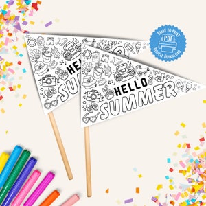 May include: Two printable pennant flags with a black and white outline of summer-themed illustrations and the text "Hello Summer".