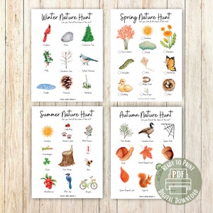 Op de afbeelding: Vier printbare natuurzoekspelkaarten voor verschillende seizoenen: winter, lente, zomer en herfst. Elke kaart bevat een checklist met items die je in de natuur kunt vinden, zoals een kardinaal, een steen, een naaldbomen, hulst, een loofboom, een kuifmees, een plas, een dennenappel, een paddenstoel, een boom in bloei, wolken, een paardenbloem, een rups, een vlieger, een vlinder, een eendje, esdoornzaden, dauwdruppels, een nest, een lieveheersbeestje, dierenpootjes, wilde bloemen, een sprinkhaan, een boomstronk, een bij, klaver, wilde bessen, een blauwe gaaien, een fiets, dennennaalden, een Canadese gans, een spinnenweb, een slak, een handvormig blad, een eikel, een speervormig blad en een eekhoorn.