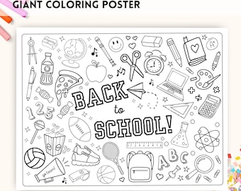 Pode incluir: Uma página para colorir em preto e branco com as palavras "De volta às aulas!" cercadas por vários objetos relacionados à escola, incluindo um globo terrestre, um lápis, uma régua, uma mochila, uma calculadora, uma paleta de tinta, um livro, um laptop, uma bola de basquete, uma bola de futebol, uma pizza, uma maçã, um pirulito, um doce, uma caixa de suco, um relógio, um par de tesouras, uma nota musical, um coração, uma estrela, uma lupa, um béquer, um átomo, um apito, um megafone, um balde de pipoca, um par de tênis, uma régua, um lápis, uma bússola, um apontador, uma folha de papel, um grampeador, um clipe, um alfinete, um lápis, um livro, um coração, uma estrela, um número 1, um número 2, um número 3 e as letras A, B e C.