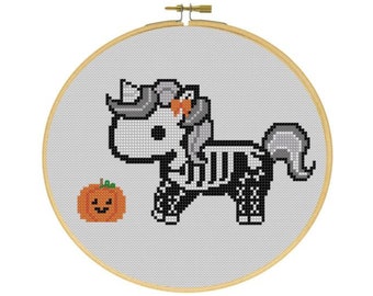 Skelecorn Skeleton Unicorn with Jack o'Lantern Pumpkin Halloween Cross Stitch PDF Pattern