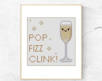 Pop Fizz Clink Champagne Flute Cross Stitch PDF Pattern