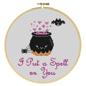 I Put a Spell on You Witch&#39;s Cauldron, Spider, and Bat Halloween Cross Stitch PDF Pattern