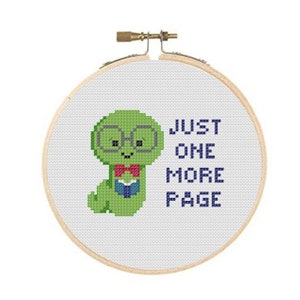 Just One More Page Bookworm Cross Stitch PDF Pattern