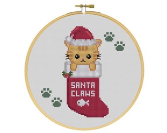 Santa Claws Cat Kitten in Christmas Stocking Holiday Cross Stitch PDF Pattern