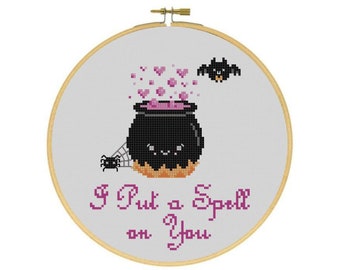 I Put a Spell on You Witch's Cauldron, Spider, and Bat Halloween Cross Stitch PDF Pattern