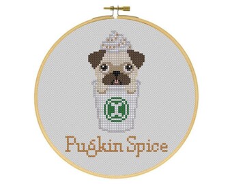 Pugkin Spice Latte Cute Fall Cross Stitch PDF Pattern
