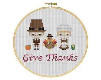 Thanksgiving Pilgrims and Turkey Give Thanks Holiday Cross Stitch PDF Pattern