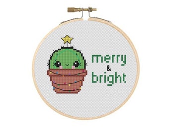 Merry & Bright Christmas Cactus with Star and Lights in a Pot Holiday Cross Stitch PDF Pattern