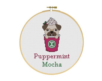 Puppermint Mocha Coffee Christmas Holiday Cross Stitch Pattern