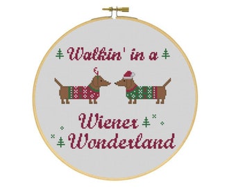 Walking in a Wiener Wonderland Winter Christmas Holiday Dachshund Dogs Cross Stitch PDF Pattern