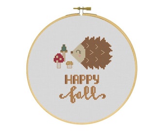 Happy Fall Hedgehog and Mushrooms Autumn Cross Stitch PDF Pattern
