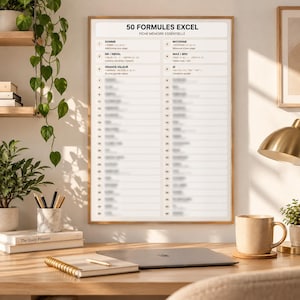 Może przedstawiać: Oprawiony plakat ścienny z tytułem 50 FORMULES EXCEL FICHE MÉMOIRE ESSENTIELLE, przedstawiający ponumerowaną listę formuł arkusza kalkulacyjnego w dwóch kolumnach. Tekst jest wydrukowany na czarno na białym tle w jasnej drewnianej ramie.