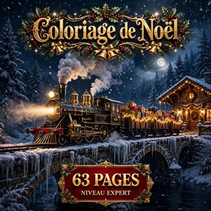 Op de afbeelding: Een kleurboek getiteld Coloriage de Noël met een zwarte stoomlocomotief die wagons vol kleurrijke cadeaus over een besneeuwde stenen brug trekt, met de tekst 63 PAGES NIVEAU EXPERT onderaan in beeld weergegeven.