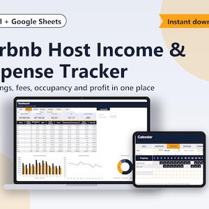 Könnte beinhalten: Ein digitaler Airbnb-Einnahmen- und Ausgaben-Tracker für Excel und Google Sheets. Die Anzeige zeigt ein Dashboard mit Finanzdaten, Balkendiagrammen und einer Kalenderansicht auf einem Laptop- und Tablet-Bildschirm mit Buchungsdetails.