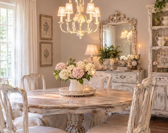 May include: A round wooden dining table with a distressed white finish, surrounded by four chairs with beige fabric slipcovers. A white pitcher filled with pink and white hydrangea flowers sits on a round tray in the centre of the table.