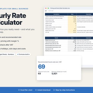 May include: An Excel template for small business titled Hourly Rate Calculator. The interface displays a spreadsheet with columns for assumptions, values, and explanations, alongside a summary card showing a recommended hourly rate of 69.