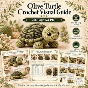 Può includere: Una guida visiva all'uncinetto in formato PDF A4 di 20 pagine per una tartaruga color oliva. La guida include foto passo dopo passo, misure dettagliate e download digitale istantaneo. La copertina mostra una tartaruga all'uncinetto.