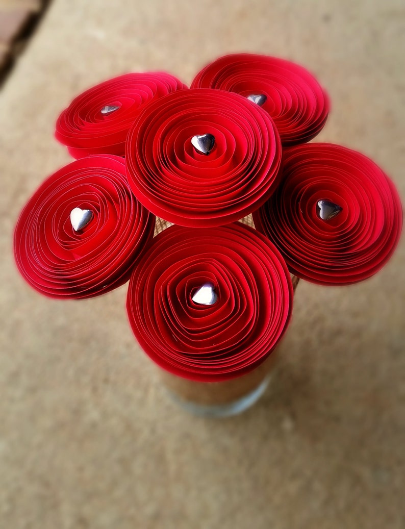 Paper Flower Bouquet Weddings Alice in Wonderland Red Paper Flowers /& Silver Hearts Paper Flowers Handmade Paper Flowers for Brides