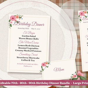 May include: A birthday dinner menu bundle featuring floral accents in pink and green. The text reads Birthday Dinner honoring Mom May 8, 2027, with courses listed including Garden Salad, Warm Dinner Rolls, Lemon Herb Chicken, Roasted Vegetables, Creamy Mashed Potatoes, Strawberry Shortcake, Coffee and Tea, and Psalm 90:12.