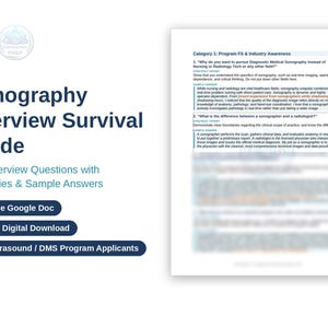 Op de afbeelding: Een digitaal document getiteld Sonography Interview Survival Guide met meer dan 20 interviewvragen met strategieën en voorbeeldantwoorden voor kandidaten voor echografie- en DMS-programma's, inclusief Google Doc.