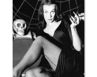 Vampira Maila Nurmi with Skull Cobweb 1950s 8x10 B&W Fine Art Photo Print, Vintage Horror Hostess Goth Glamour Photography Reprint