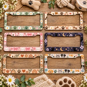 Paw Print License Plate Frame, Floral Dog and Cat Car Accessories, Cute Aluminum Car Tag Holder, Pet Lover Gift, Boho Daisy Car Decor