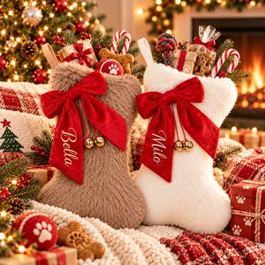 May include: Two plush bone-shaped Christmas stockings, one tan and one white, each featuring a large red velvet bow with two gold jingle bells. The tan stocking is embroidered with the name Bella, and the white stocking is embroidered with the name Milo. Both are filled with various pet toys and treats.