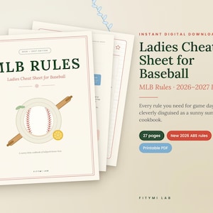 Könnte beinhalten: Ein digitaler Download mit dem Titel MLB Rules Ladies Cheat Sheet for Baseball 2026-2027 Edition. Das Cover zeigt eine Baseball-Grafik, einen Stift und eine Zitrusfruchtscheibe. Das Dokument umfasst 27 Seiten als druckbares PDF.